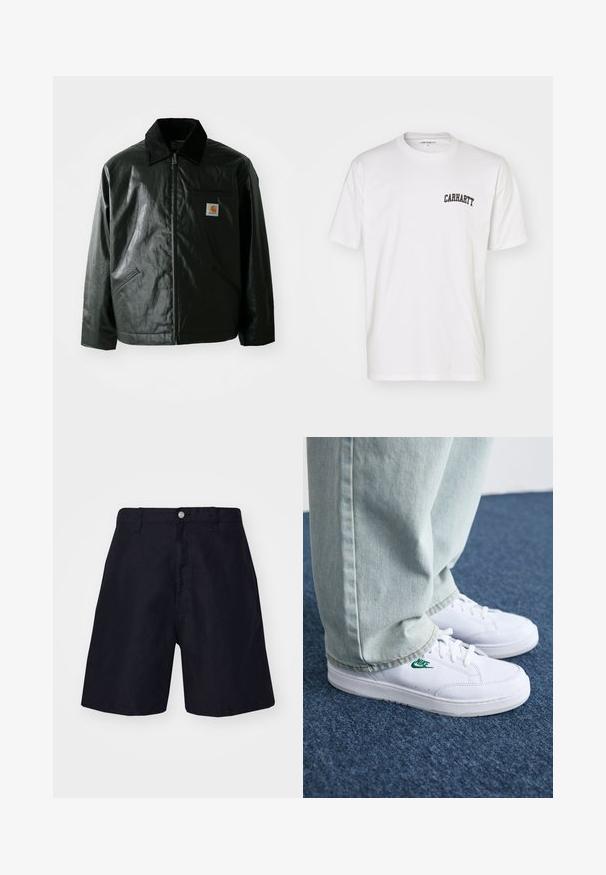 Czarna kurtka zapinana na zamek, wykonana z gładkiego, błyszczącego materiału. Posiada kołnierz z kordurowej tkaniny, dwie przednie kieszenie oraz małą naszywkę z logo na klatce piersiowej.; Biała bawełniana koszulka z krótkim rękawem i okrągłym dekoltem. Z przodu, na górnej części lewej klatki piersiowej, znajduje się czarne logo "Carhartt".; Granatowe szorty wykonane z lekkiego materiału, z zapięciem na guzik, szlufkami na pasek i prostym krojem nogawek. Minimalistyczny styl bez wzorów.; Białe skórzane sneakersy z zielonym logo Nike, okrągły czubek, płaska podeszwa, zestawione z jasnoniebieskimi dżinsami, pokazane na niebieskim dywanie.