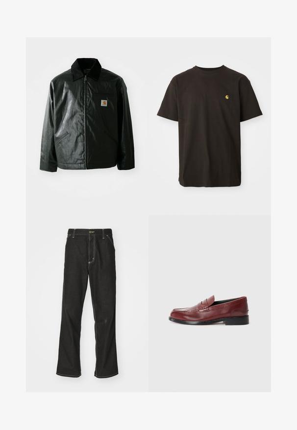 Must mustaga, läikiva materjaliga musta värvi jakk. Omab kordonilõikega kraed, kahte esikäe taskut ja väikest logo sildi rinnal.; Must have musta T-särk, millel on ümmargune kaelus, lühikesed varrukad ja väike kollane logo rinnal. Klassikaline lõige ja sile tekstuur.; Mustadest denimist püksid, lahtise lõikega, kontrastsete valgete õmblustega, nööbiga kinnitamine ja sirge säär.; Burgundia nahkased loaferid sileda viimistluse, dekoratiivse õmbluse ja ümarate varvastega. Omavad madalat musta kontsa.