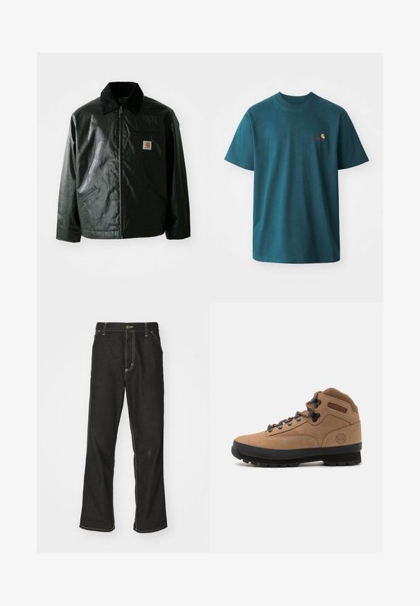 Chaqueta negra con cremallera hecha de un material liso y brillante. Presenta un cuello de pana, dos bolsillos frontales y un pequeño parche con el logo en el pecho.; Camiseta de algodón color azul verdoso con mangas cortas, cuello redondo y un pequeño logotipo bordado en amarillo y rojo en el lado izquierdo del pecho.; Jeans de mezclilla negra con un corte holgado, que cuentan con costuras blancas contrastantes, cierre de botón y un diseño de pierna recta.; Bota de senderismo de ante marrón con suela de goma negra, diseño con cordones y cuello acolchado. Logotipo de Timberland en el costado.