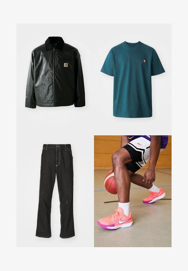 Fekete zipzáros dzseki sima, fényes anyagból. Kordbársony gallérral, két elülső zsebbel és egy kis logós felvarrással a mellkason.; Tengerés kék pamut póló rövid ujjakkal, kerek nyakkivágással, és egy kis hímezettt logóval sárga és piros színben a bal mellen.; Fekete farmernadrág laza szabással, kontrasztos fehér varrással, gombos záródással és egyenes lábmegoldással.; Nike kosárlabdácipők élénk rózsaszín és lila színben, hálós részletezéssel, fehér logóval és texturált talppal, egy keményfapadlós pályán.