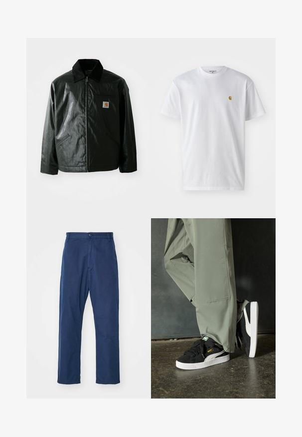 Giacca nera con zip realizzata in materiale liscio e lucido. Presenta un colletto in corduroy, due tasche frontali e una piccola patch con logo sul petto.; T-shirt bianco in cotone con maniche corte, con colletto girocollo, caratterizzato da un piccolo logo dorato sulla parte sinistra del petto. Tessuto morbido e vestibilità regolare.; Pantaloni dritti blu navy in cotone. Presentano una chiusura frontale con bottone e una trama sottile, con tasche laterali e passanti per cintura.; Sneaker in suede nero con suole in gomma bianca e strisce laterali, abbinate a pantaloni cargo verde chiaro, in piedi su una superficie scura e texture.