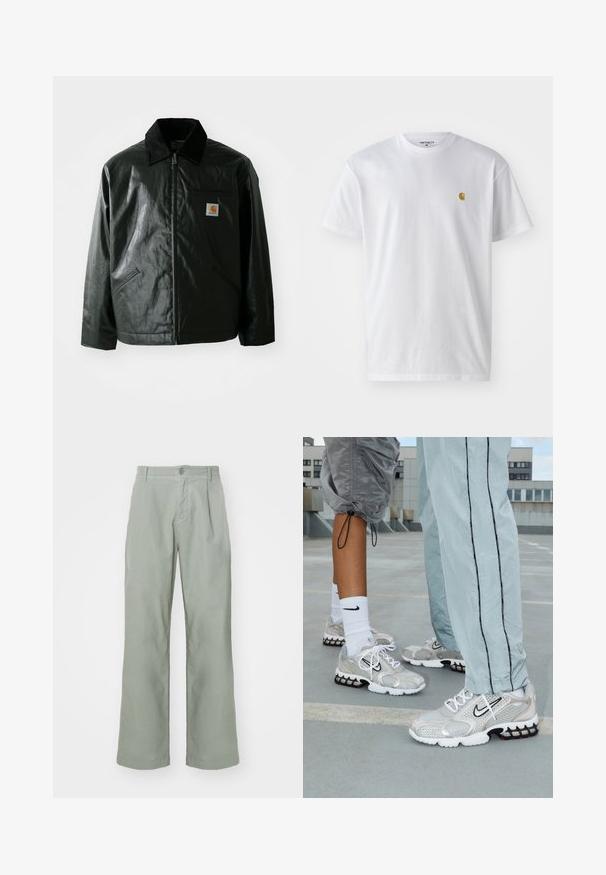 Črna jakna na zadrgo, izdelana iz gladkega, sijočega materiala. Ima žametni ovratnik, dva sprednja žepa in majhno oznako logotipa na prsih.; Bela bombažna majica s kratkimi rokavi, krožnim ovratnikom, z majhnim zlatim logotipom na levem prsnem predelu. Mehka tekstura in običajen kroj.; Svijetlozelene hlače širih nogavica izrađene od mekog pamuka. Sadrže kopčanje na dugme i prednje plisirane detalje. Jednostavan, neukrašen dizajn.; Nike športni copati iz srebrnega mrežnega materiala, ki imajo bele vezalke, črn Swoosh logotip ter črno-rdečo podplat z zračnim oblazinjenjem.