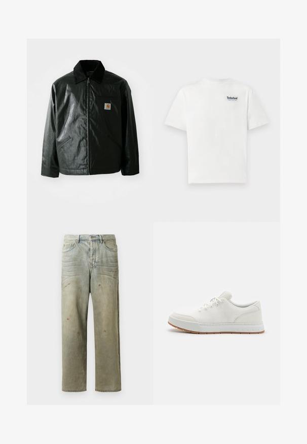 Must mustaga, läikiva materjaliga musta värvi jakk. Omab kordonilõikega kraed, kahte esikäe taskut ja väikest logo sildi rinnal.; Valge puuvillane T-särk, millel on sinine tikand "Timberland Rugged Active Gear" logo vasakul rinnal. Lühikesed varrukad ja ümmargune kaelus.; Karmiinroheline kulunud denim teksapüksid, millel on sirge jalg, viie taskuga disain ning ebaühtlane pleekimine koos värvikrõpsudega.; Valged sportlikud kingad, millel on pehme kangas, ümmargune varvas ja kummist tallad, millel on tekstuurne muster. Omab lamedaid paelu ja diskreetset brändingu märgistust kontsaplaanil.