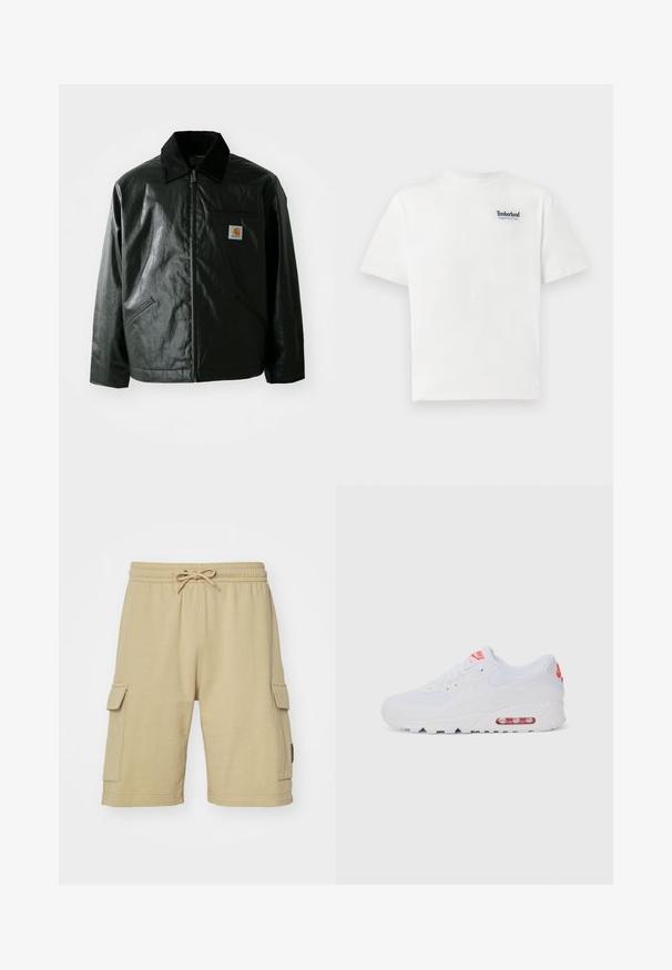 Svart zip-up jakke laget av jevnt, blankt materiale. Har en kordfløyelskrage, to frontlommer og en liten logo-lapp på brystet.; Hvit bomull T-skjorte med blå brodert "Timberland Rugged Active Gear"-logo på øvre venstre bryst. Korte ermer og rund hals.; Beige bomull cargo shorts med elastisk midje, snor og sidelommer. Glatt tekstur og kne-lengde design.; Hvite atletiske joggesko med glatt overdel, snøring, polstret såle og synlig luftenhet med røde detaljer på merket.