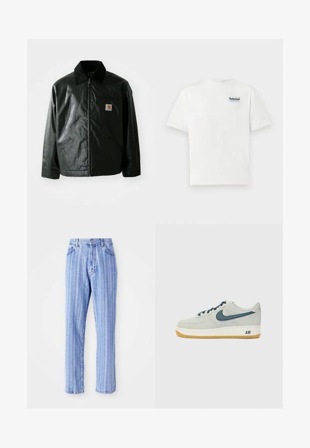 Czarna kurtka zapinana na zamek, wykonana z gładkiego, błyszczącego materiału. Posiada kołnierz z kordurowej tkaniny, dwie przednie kieszenie oraz małą naszywkę z logo na klatce piersiowej.; Biała bawełniana koszulka z niebieskim haftowanym logo "Timberland Rugged Active Gear" na górnej lewej części piersi. Krótkie rękawy i okrągły dekolt.; Jasnoniebieskie dżinsy z pionowymi białymi paskami, prosty krój nogawek, styl pięciu kieszeni oraz zapięcie na guzik w talii.; Jasnoszare zamszowe trampki z granatowymi akcentami, okrągły czubek, sznurowadła i gumowa podeszwa. Posiadają branding "AIR" na pięcie.