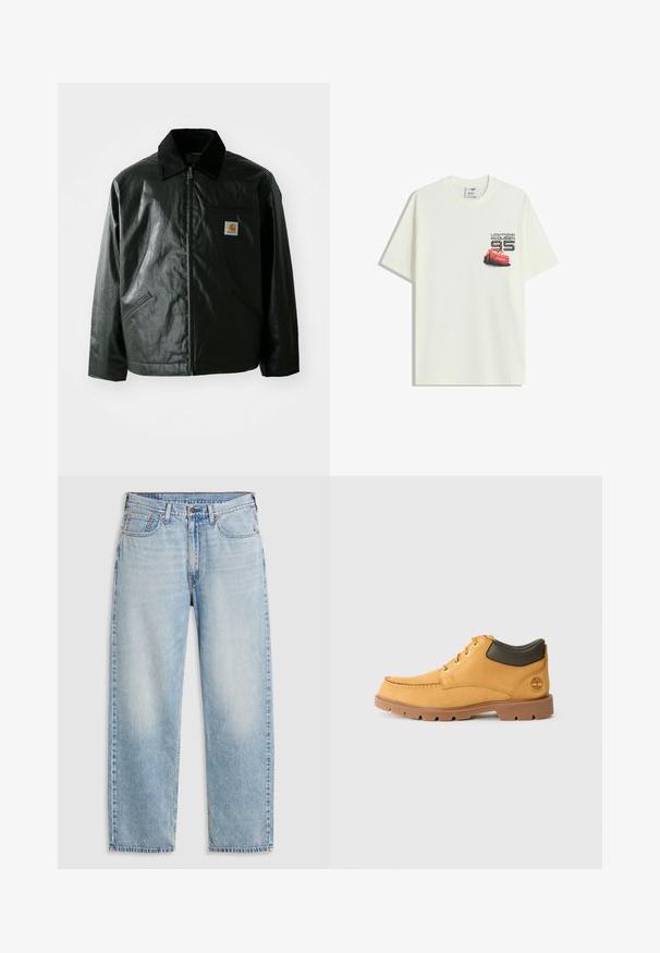 Fekete zipzáros dzseki sima, fényes anyagból. Kordbársony gallérral, két elülső zsebbel és egy kis logós felvarrással a mellkason.; Fehér, rövid ujjú póló, bal mellen egy kis grafika látható, amelyen vörös Lightning McQueen autó és a "Lightning McQueen 95" felirat szerepel.; Világoskék, egyenes szárú farmernadrág öt zsebbel, fémből készült gombzárral és elhalványult részletekkel a combon és a térdnél, fehér háttérre fektetve.; Sárga bőr cipő barna gumitalppal, kerek orral és zöld bőr bokadísszel. Arany fűzőlyukakkal és varrási díszítésekkel rendelkezik.