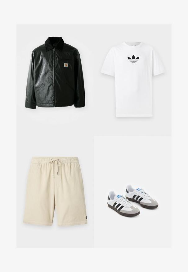 Čierna bundu na zips vyrobenú z hladkého, lesklého materiálu. Obsahuje kordový golier, dve predné vrecká a malú nášivku s logom na hrudi.; Biely bavlnený tričko s čiernym logom Adidas v strede. Krátke rukávy a okrúhly výstrih. Hladká textúra.; Béžové kordové šortky s elastickým pásom a šnúrkou, ktoré majú jemnú vertikálnu ryhovanú textúru a malú nášivku na boku.; Športové topánky s bielym koženým zvrškom, šedou semišovou špičkou a tromi čiernymi pruhmi. Obsahujú modré logo na jazyku a štruktúrovanú gumovú podrážku.