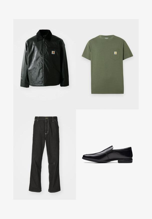 Veste noire zippée en matériau lisse et brillant. Elle dispose d'un col en velours côtelé, de deux poches avant et d'un petit écusson logo sur la poitrine.; T-shirt en coton vert olive avec un col rond, des manches courtes et une poche poitrine ornée d'un patch logo. Design épuré et minimal.; Jean en denim noir avec une coupe ample, comportant des coutures blanches contrastantes, une fermeture à bouton et un design à jambes droites.; Chaussure noire en cuir à enfiler avec un bout pointu, finition polie, détails de couture subtils et semelle en caoutchouc à profil bas.