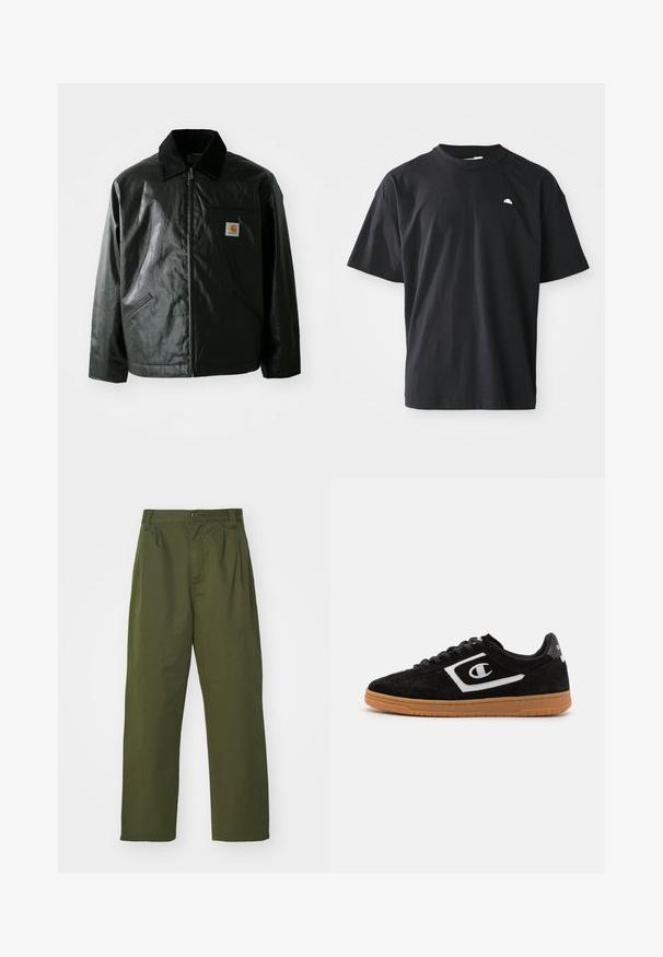 Čierna bundu na zips vyrobenú z hladkého, lesklého materiálu. Obsahuje kordový golier, dve predné vrecká a malú nášivku s logom na hrudi.; Čierne bavlnené tričko s voľným strihom, krátkymi rukávmi, okrúhlym výstrihom a malým bielym logom na hrudi. Hladká textúra.; Olivové vysoké nohavice s rovnými nohavicami. Vyrobené z ľahkej látky, s prednými skladmi a zapínaním na gombík.; Čierne semišové tenisky s bielym logom, šnurovací dizajn a gumená podrážka. Majú hladký povrch a zaoblený tvar.