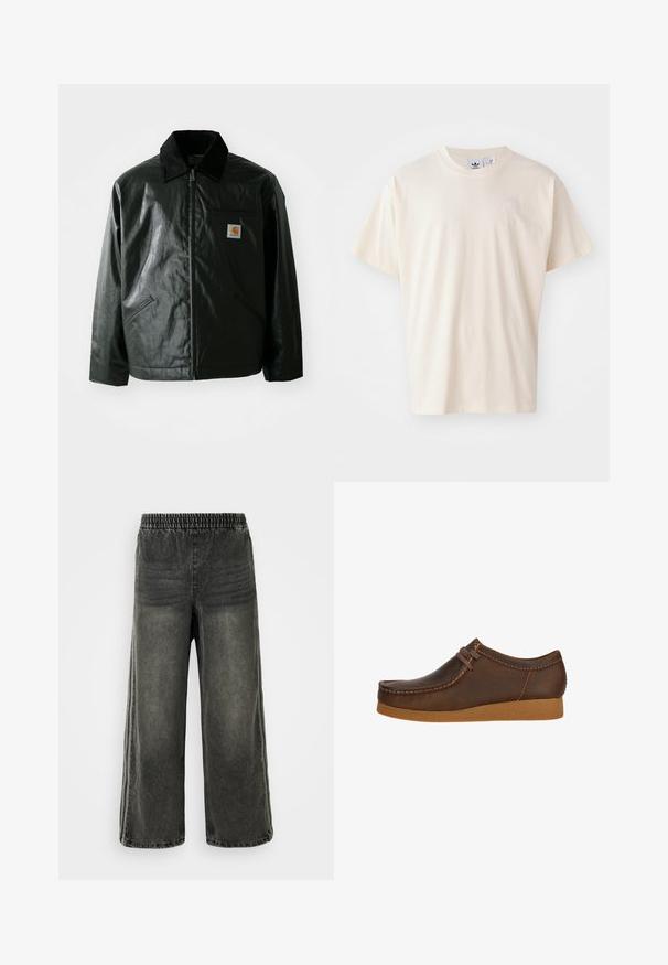 Giacca nera con zip realizzata in materiale liscio e lucido. Presenta un colletto in corduroy, due tasche frontali e una piccola patch con logo sul petto.; T-shirt in cotone crema con scollatura rotonda e maniche corte; presenta un piccolo logo chiaro sul petto.; Pantaloni in denim neri lavati con vita elasticizzata e gambe larghe, caratterizzati da sottili dettagli di cucitura verticale sui lati.; Scarpa in pelle marrone con punta arrotondata e dettagli cuciti, dotata di un laccio marrone e una suola in gomma beige testurizzata.