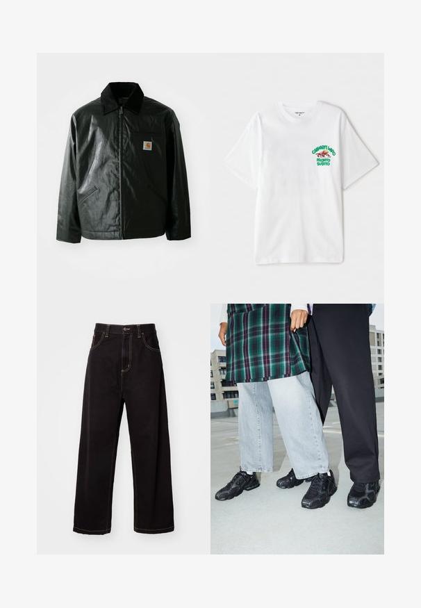 Crna zip-up jakna izrađena od glatkog, sjajnog materijala. Ima okovratnik od kordura, dva prednja džepa i mali logotip na prsima.; Bijela pamučna majica s grafičkim natpisom u zelenoj i crvenoj boji na lijevoj strani prsiju koji glasi "cashart Who Pronto Subito." Kratki rukavi.; Crne traperice širokih nogavica s kontrastnim šavovima, dizajnom sa pet džepova i kopčanjem na gumb sprijeda. Glatka tekstura i čvrsta tkanina.; Crne atletske cipele s mrežastim i gumenim detaljima. Nosene s laganim svijetlo sivim širokim farmerkama i karirastim zelenim topom. Pozadina ravna.