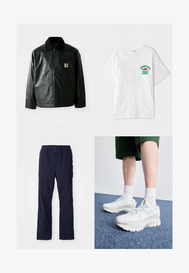 Black zip-up jacket made of smooth, shiny material. Features a corduroy collar, two front pockets, and a small logo patch on the chest.; White cotton t-shirt featuring a green and red graphic text on the left chest reading "cashart Who Pronto Subito." Short sleeves.; Navy blue cotton pants with an elastic waistband, straight leg design, and subtle stitching details. Smooth texture, no visible pockets.; White athletic shoes with textured overlays, a chunky sole, and gray accents. Worn with white crew socks and green shorts on a blue surface.