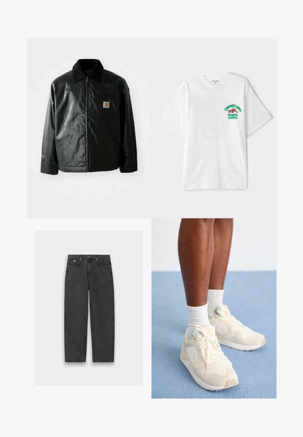 Chaqueta negra con cremallera hecha de un material liso y brillante. Presenta un cuello de pana, dos bolsillos frontales y un pequeño parche con el logo en el pecho.; Camiseta de algodón blanca con un gráfico de texto en verde y rojo en el pecho izquierdo que dice "cashart Who Pronto Subito." Mangas cortas.; Jeans negros de pierna recta con cinco bolsillos, cierre de botón y costuras visibles, dispuestos sobre un fondo neutro.; Zapatos deportivos beige claro con textura de malla y gamuza. Presentan un logo, diseño de cordones y una suela acolchada. Se llevan con calcetines blancos.