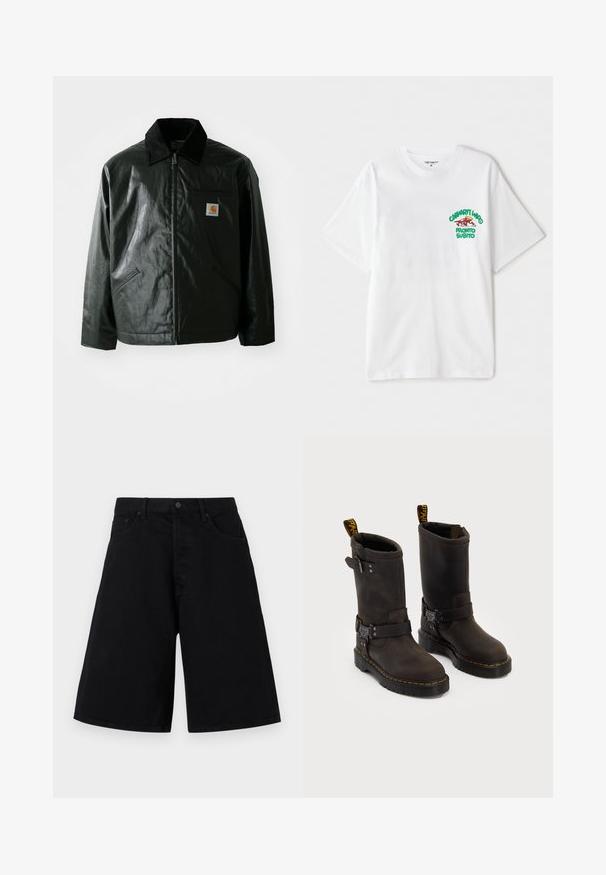 Zwarte ritssluiting jas van glad, glanzend materiaal. Heeft een corduroy kraag, twee voorzakken en een klein logo label op de borst.; Witte katoenen t-shirt met een groen en rood grafisch tekst op de linkerborst met de tekst "cashart Who Pronto Subito." Korte mouwen.; Zwarte denim shorts met een ontspannen pasvorm, voorzien van een klassieke vijf-pocket ontwerp en knoopsluiting, een gladde textuur en rechte pijpen.; Donkerbruin leren laarzen met een ontwerp tot halverwege de kuit, gele stiksels, verstelbare gespbanden en trekflappen aan de bovenkant. Gestructureerde afwerking.