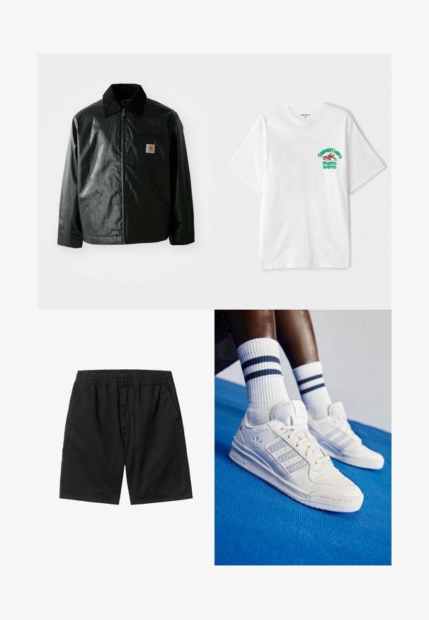 Juodas užtrauktuku užsegamas švarkas, pagamintas iš glotnaus, blizgaus medžiagos. Savybė - keteros apykaklė, dvi priekinės kišenės ir mažas logotipo ženklelis ant krūtinės.; Balta medvilninė marškinėlių su trumpomis rankovėmis, kuriuose kairėje krūtinės pusėje yra žaliai raudonas grafikos tekstas "cashart Who Pronto Subito."; Juodi šortai su elastinga juosmeniu, šoninėmis kišenėmis ir tiesiu kirpimu. Pagaminti iš lengvos medžiagos su lygiu paviršiumi.; Baltos odinės sportbačiai su perforuotais akcentais, trimis metalinėmis juostelėmis ir tekstūruotu šoniniu skydeliu. Dėvimi su baltais kojiniais, turinčiais mėlynas juosteles.