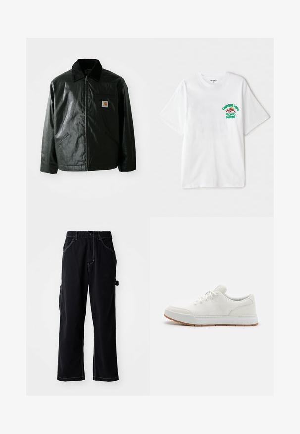 Chaqueta negra con cremallera hecha de un material liso y brillante. Presenta un cuello de pana, dos bolsillos frontales y un pequeño parche con el logo en el pecho.; Camiseta de algodón blanca con un gráfico de texto en verde y rojo en el pecho izquierdo que dice "cashart Who Pronto Subito." Mangas cortas.; Pantalones cargo negros con un ajuste relajado, que cuentan con una cintura con cordón, bolsillos laterales y detalles de costura blanca en contraste.; Zapatos deportivos blancos con parte superior de malla, puntera redonda y suela de goma con un patrón texturizado. Cuentan con cordones planos y un logotipo sutil en el talón.