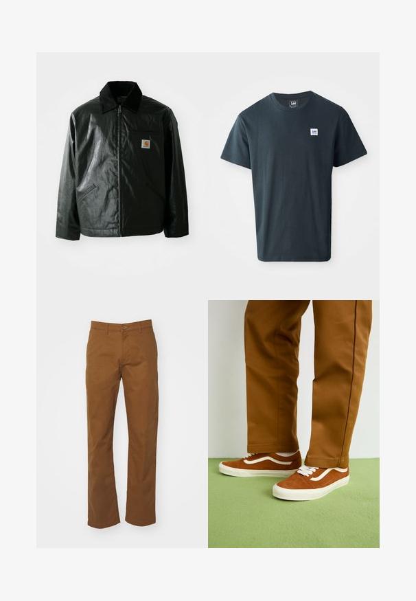 Schwarze Zip-Jacke aus glattem, glänzendem Material. Verfügt über einen Cordkragen, zwei Fronttaschen und ein kleines Logo-Patch auf der Brust.; Dunkelgraues Baumwoll-T-Shirt mit Rundhalsdesign. Beinhaltet ein kleines blau-weißes rechteckiges Logoetikett auf der linken Brust.; Braune Baumwollchinos mit geradem Schnitt. Mit Knopf- und Reißverschluss, Gürtelschlaufen und zwei Seitentaschen. Glatte Textur und minimale Details.; Braune Wildledersneaker mit weißen Schnürsenkeln und seitlichem Streifenmuster, kombiniert mit hellbraunen Hosen auf einem grünen Boden.