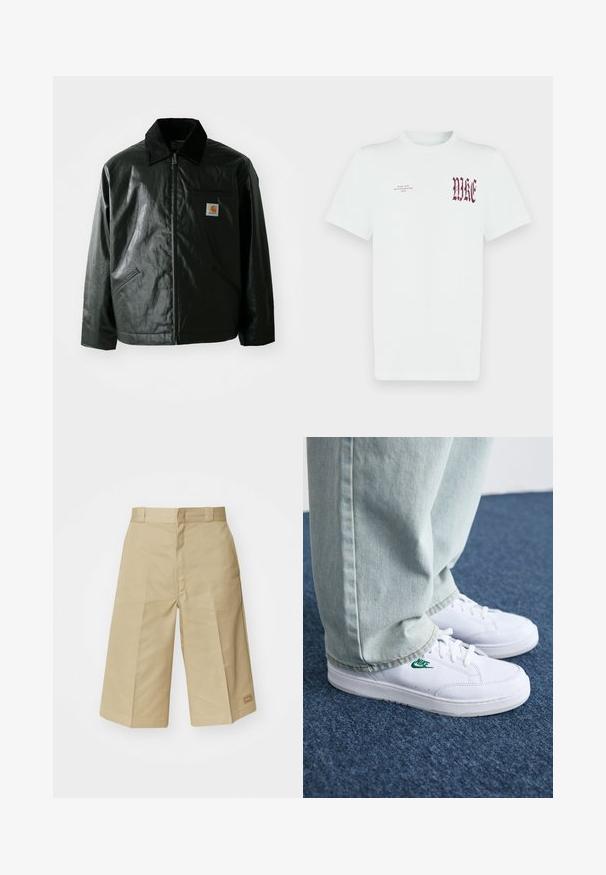 Veste noire zippée en matériau lisse et brillant. Elle dispose d'un col en velours côtelé, de deux poches avant et d'un petit écusson logo sur la poitrine.; T-shirt en coton blanc avec un graphique rouge "NIKE" et un texte sur le côté gauche de la poitrine. Manches courtes et col rond, texture lisse.; Culottes en coton beige au design ajusté, avec une taille haute, des plis et des coutures visibles. Inclut un petit logo sur l'ourlet.; Baskets en cuir blanc avec logo Nike vert, bout rond, semelle plate, associées à un pantalon en denim bleu clair, présentées sur un tapis bleu.