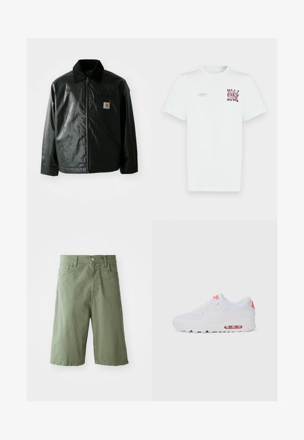 Must mustaga, läikiva materjaliga musta värvi jakk. Omab kordonilõikega kraed, kahte esikäe taskut ja väikest logo sildi rinnal.; Valge puuvillane t-särk, millel on vasakul rinnal punane "NIKE" graafika ja tekst. Lühikesed varrukad ja ümara kaelusega disain, sile tekstuur.; Roheline puuvillane lühike püksid, millel on lõdva istuvusega, kaks esimest taskut, nööpviidud ja keskmise sääre pikkus. Sile teksuur.; Valged spordijalatsid, millel on sile pealis, seotud lipsud, pehmendusega tallad ja nähtav õhükamber, mille brändimisel on punased aktsendid.