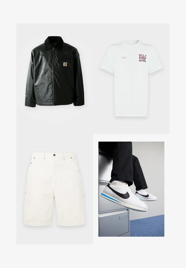 Mustat vetoketjulliset takit, jotka on valmistettu sileästä, kiiltävästä materiaalista. Sisältää kangastakin kauluksen, kaksi etutaskua ja pienen logopatchin rinnassa.; Valkoinen puuvillainen T-paita, jossa vasemmassa rinnassa punainen "NIKE"-grafiikka ja teksti. Lyhyet hihat ja pyöreä pääntie, sileä pinta.; Valkoiset puuvillaiset cargo-shortsit suoran leikkauksen omaavina, joissa on etu- ja sivutaskut, metallinen nappisulku ja vyölenkit. Sileä rakenne.; Valkoiset nahkakengät, joissa on musta Nike-logomerkki, vaaleansininen ja harmaa kumipohja sekä klassinen nauhakiinnitys. Jalat lepäävät asiakirjakaapilla.