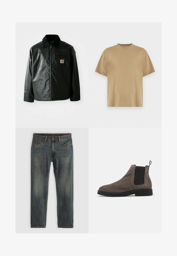 Black zip-up jacket made of smooth, shiny material. Features a corduroy collar, two front pockets, and a small logo patch on the chest.; Khaki short-sleeve T-shirt made of soft fabric, featuring a round neckline and a relaxed fit. No patterns or graphics are visible.; Blue denim jeans with a straight leg design, featuring a classic five-pocket style, stitching accents, and a slightly faded finish.; Gray suede Chelsea boot with elastic side panels, rounded toe, and pull tab. Flat black rubber sole. Simple and sleek design.