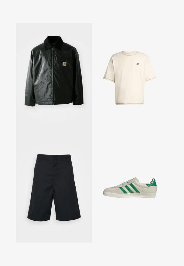 Veste noire zippée en matériau lisse et brillant. Elle dispose d'un col en velours côtelé, de deux poches avant et d'un petit écusson logo sur la poitrine.; T-shirt surdimensionné de couleur crème en coton, avec des manches courtes, un col rond et un logo Adidas noir sur la poitrine gauche.; Shorts noirs en tissu tissé, avec une coupe droite, une taille standard et sans motifs ni matériel visible.; Baskets beiges avec des rayures vertes, dotées d'une semelle blanche et d'un dessus en cuir lisse. Vue de côté mettant en valeur les détails des lacets et le logo.