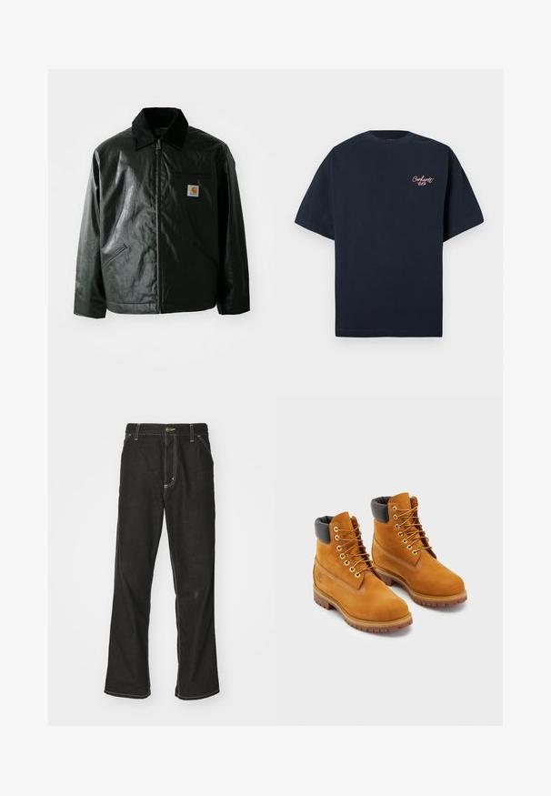 Černá zipová bunda vyrobená z hladkého, lesklého materiálu. Má jemný manžetový límec, dvě přední kapsy a malou značkovou nášivku na hrudi.; Námořnická modrá bavlněná tričko s krátkými rukávy, se malým růžovým vyšívaným logem na levé části hrudi a klasickým kulatým výstřihem.; Černé denimové džíny s volným střihem, s kontrastním bílým prošíváním, zapínáním na knoflík a rovnými nohavicemi.; Kožené pracovní boty v odstínu tan s černým polstrovaným okrajem, zlatými očky a hnědými gumovými podešvemi. Mají kontrastní prošívání a logo na boku.