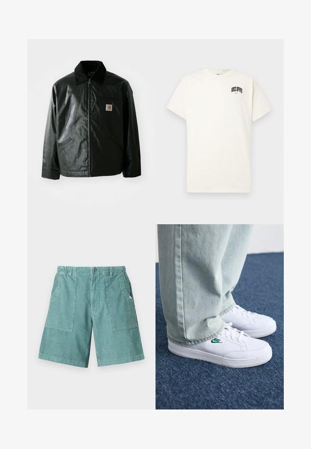 Fekete zipzáros dzseki sima, fényes anyagból. Kordbársony gallérral, két elülső zsebbel és egy kis logós felvarrással a mellkason.; Krém színű pamut póló rövid ujjakkal, fekete és piros "NIKE SB" felirattal a mellkasán. Standard kerek nyakkivágással.; Világos türkiz színű, pamut kordbársony rövidnadrág, rugalmas derékkal, két oldalsó zsebbel és térdhez érő hosszal. Texturált függőleges csíkok.; Fehér bőr sportcipők zöld Nike logóval, kerek orral, lapos talppal, világoskék farmernadrággal párosítva, kék szőnyegen bemutatva.