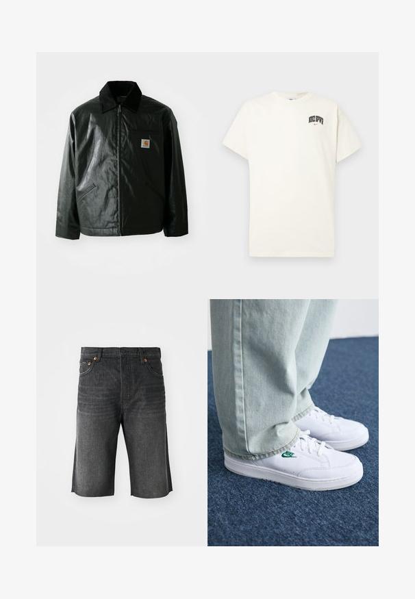 Giacca nera con zip realizzata in materiale liscio e lucido. Presenta un colletto in corduroy, due tasche frontali e una piccola patch con logo sul petto.; T-shirt in cotone color crema con maniche corte, con la scritta "NIKE SB" in nero e rosso sul petto. Collo tondo standard.; Shorts in denim grigio scuro con taglio dritto, cinque tasche e cuciture arancioni frontali. Orlo pulito alle estremità.; Sneakers in pelle bianca con logo Nike verde, punta rotonda, suola piatta, abbinati a pantaloni in denim azzurro, mostrati su un tappeto blu.