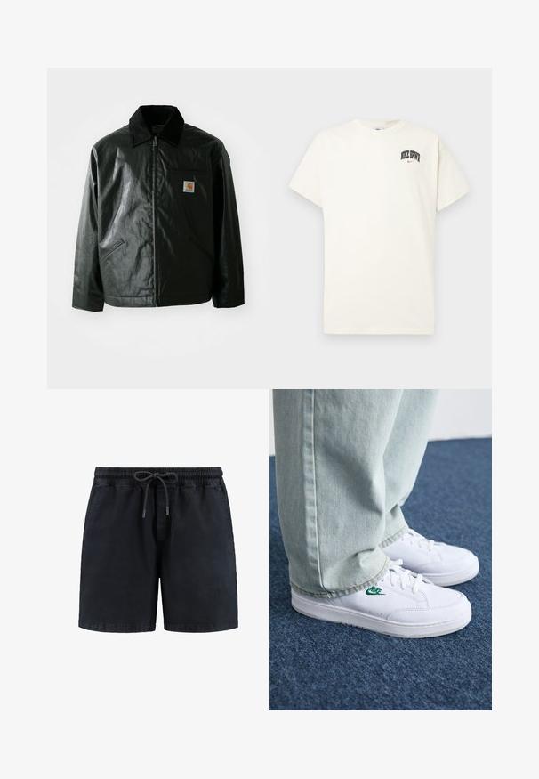 Czarna kurtka zapinana na zamek, wykonana z gładkiego, błyszczącego materiału. Posiada kołnierz z kordurowej tkaniny, dwie przednie kieszenie oraz małą naszywkę z logo na klatce piersiowej.; Beżowa bawełniana koszulka z krótkim rękawem, z napisem "NIKE SB" w czarnym i czerwonym kolorze na klatce piersiowej. Klasyczny okrągły dekolt.; Czarne szorty z elastycznym pasem i sznurkiem. Wykonane z miękkiego materiału, z bocznymi kieszeniami i prostym krojem.; Białe skórzane sneakersy z zielonym logo Nike, okrągły czubek, płaska podeszwa, zestawione z jasnoniebieskimi dżinsami, pokazane na niebieskim dywanie.