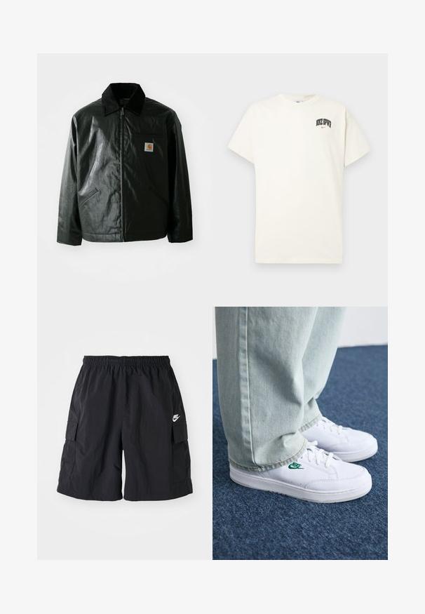 Juodas užtrauktuku užsegamas švarkas, pagamintas iš glotnaus, blizgaus medžiagos. Savybė - keteros apykaklė, dvi priekinės kišenės ir mažas logotipo ženklelis ant krūtinės.; Kremo spalvos medvilninis marškinėlis trumpomis rankovėmis, su "NIKE SB" juodu ir raudonu tekstu ant krūtinės. Standartinė apvali iškirptė.; Nike juodi cargo šortai, pagaminti iš lengvos medžiagos, su elastingu juosmeniu, šoninėmis kišenėmis ir balta Nike logotipu kairiajame šlaunyje.; Balti odiniai sportbačiai su žaliu Nike logotipu, apvalia nosimi, plokščiu padu, derinami su šviesiai mėlynomis džinsinėmis kelnėmis, rodomi ant mėlynos kiliminės dangos.