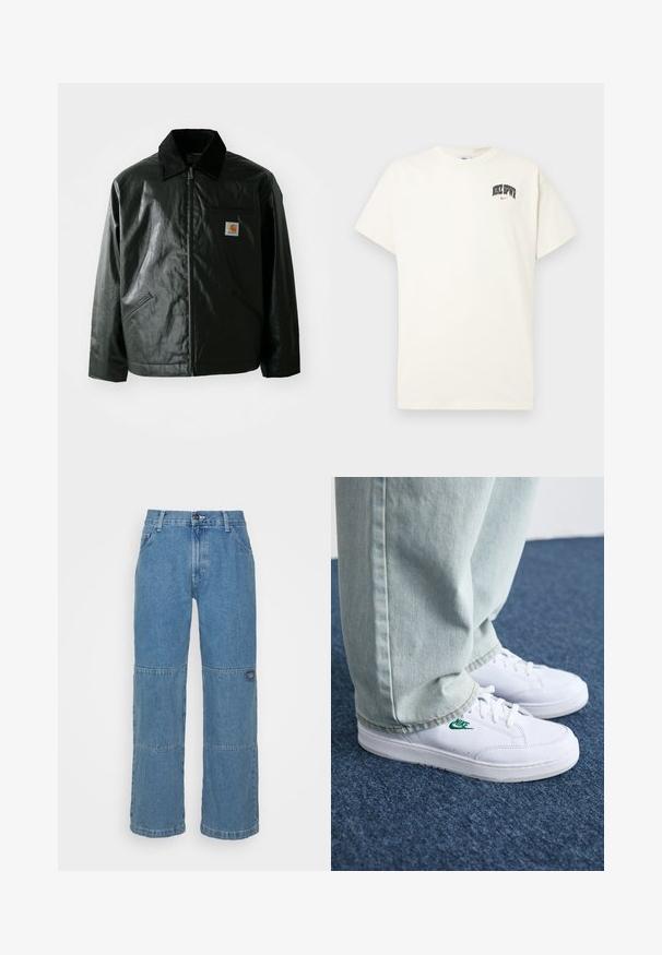 Fekete zipzáros dzseki sima, fényes anyagból. Kordbársony gallérral, két elülső zsebbel és egy kis logós felvarrással a mellkason.; Krém színű pamut póló rövid ujjakkal, fekete és piros "NIKE SB" felirattal a mellkasán. Standard kerek nyakkivágással.; Világoskék farmernadrág laza szabással, foltvarrásos panelek, gombos záródás, ötpocket kialakítás, és diszkrét márkajelzés a lábon.; Fehér bőr sportcipők zöld Nike logóval, kerek orral, lapos talppal, világoskék farmernadrággal párosítva, kék szőnyegen bemutatva.