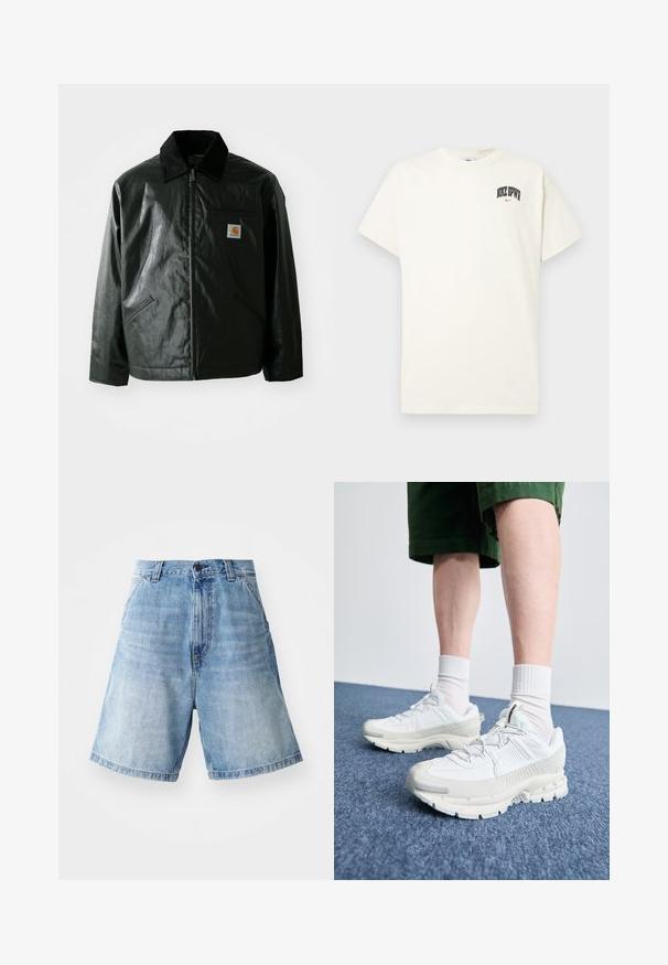 Casaco preto com fecho éclair, feito de material liso e brilhante. Apresenta um colarinho de veludo, dois bolsos frontais e um pequeno emblema no peito.; T-shirt de algodão na cor creme com mangas curtas, apresentando "NIKE SB" em texto preto e vermelho no peito. Gola redonda padrão.; Bermudas de ganga azul claro com um ajuste descontraído, apresentando uma cintura alta, design de cinco bolsos e detalhes de costura visíveis.; Sapatos atléticos brancos com sobreposições texturizadas, sola espessa e detalhes em cinza. Usados com meias brancas até ao tornozelo e calções verdes sobre uma superfície azul.