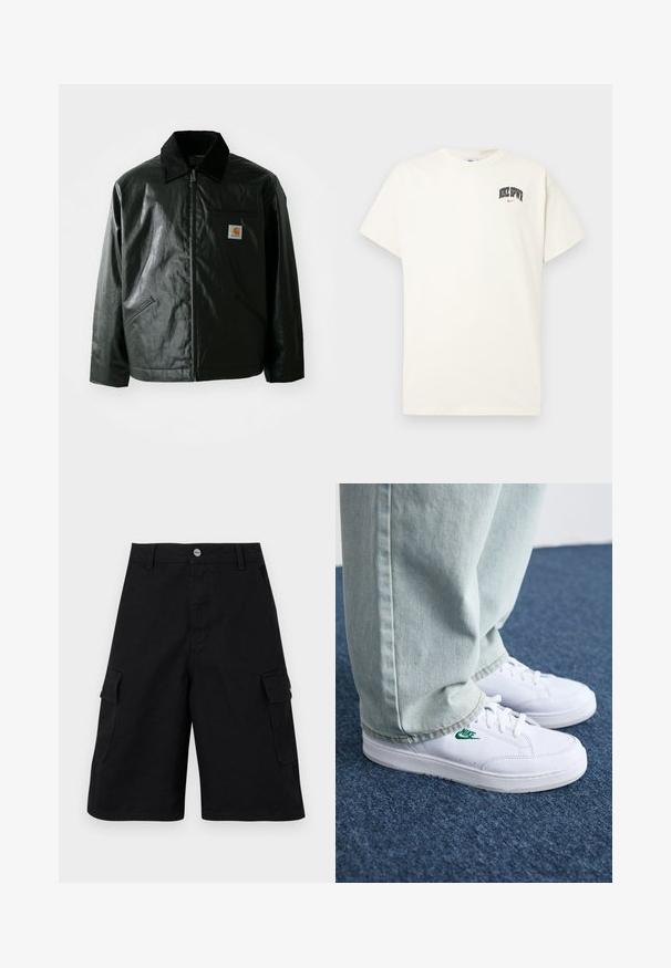 Black zip-up jacket made of smooth, shiny material. Features a corduroy collar, two front pockets, and a small logo patch on the chest.; Cream-colored cotton t-shirt with short sleeves, featuring "NIKE SB" in black and red text on the chest. Standard round neckline.; Black cargo shorts made from durable fabric. Features two side pockets, a zipper fly, and a simple waistband with a metal button.; White leather sneakers with green Nike logo, round toe, flat sole, paired with light blue denim pants, shown on a blue carpet.