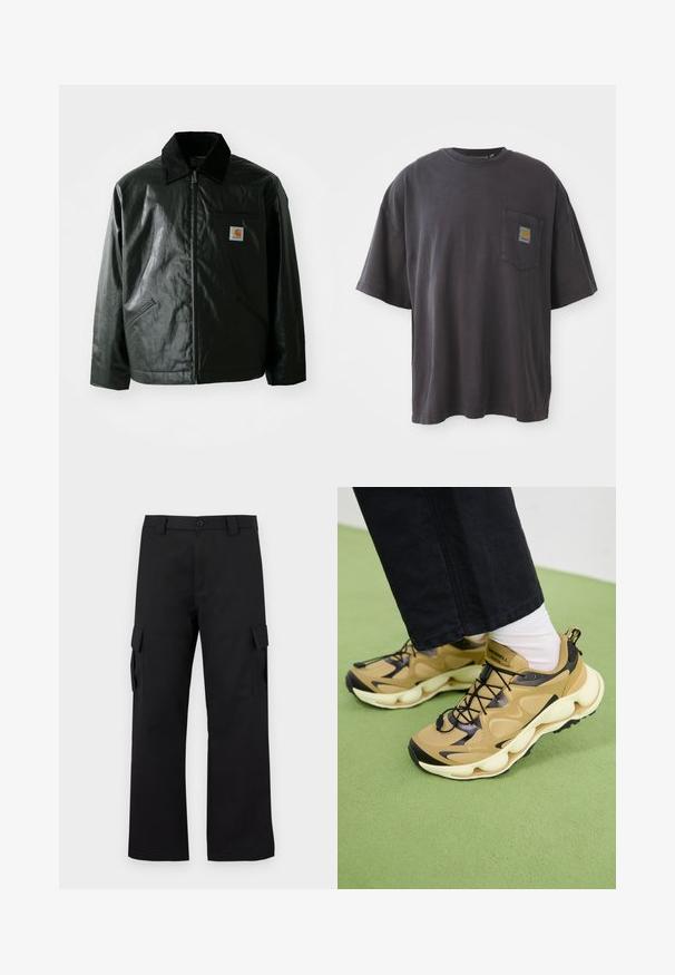 Čierna bundu na zips vyrobenú z hladkého, lesklého materiálu. Obsahuje kordový golier, dve predné vrecká a malú nášivku s logom na hrudi.; Čierne bavlnené tričko s krátkymi rukávmi, okrúhlym výstrihom a vreckom na ľavej hrudi s štvorcovou nášivkou loga. Jednoduchý a nenáročný dizajn.; Čierne cargo nohavice so strihom rovného nohu. Vyrobené z odolnej látky, s dvoma bočnými vreckami so klopami a zapínaním na gombík.; Hnedé a čierne tenisky s vrchnou časťou z priedušnej sieťoviny, robustnou bielou podrážkou, čiernymi šnúrkami a pútkom. Logo GORE-TEX viditeľné na boku.