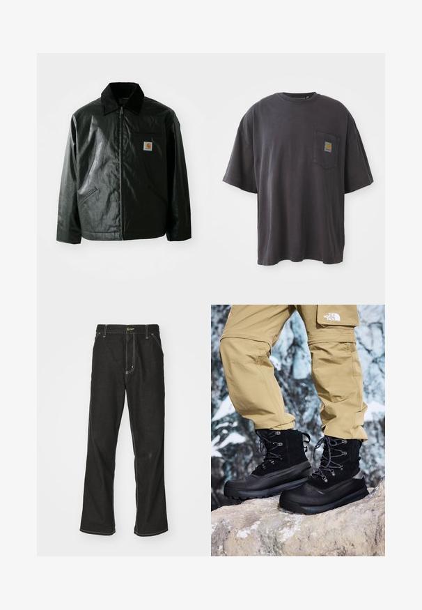 Crna zip-up jakna izrađena od glatkog, sjajnog materijala. Ima okovratnik od kordura, dva prednja džepa i mali logotip na prsima.; Crna pamučna majica s kratkim rukavima, okruglim izrezom i džepom na lijevoj strani grudnog koša s kvadratnom oznakom. Jednostavan i neukrašen dizajn.; Crne traperice s opuštenim krojem, s kontrastnim bijelim šavovima, zakovicom za zatvaranje i ravnim nogavicama.; Crne vodootporne čizme s teksturiranim nubuk gornjim dijelom, ojačanim prstom i gumeni potplat. Uparene s bež planinarskim hlačama s patentnim zatvaračem.