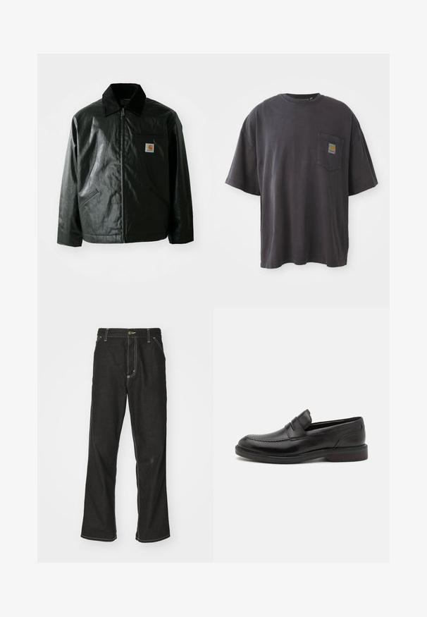Sort lynlåsejakke lavet af glat, blankt materiale. Har en kordfløjlsfarvet krave, to forlommer og et lille logo-patch på brystet.; Sort bomulds T-shirt med korte ærmer, en rund halsudskæring og en venstre brystlomme med et firkantet logo-patch. Enkel og uudsmykket design.; Sorte denimjeans med løs pasform, der har kontrasterende hvid syning, en knaplukning og et lige ben-design.; Sorte læderloafers med en syet tådetalje, to vandrette remme over forsiden, og en træhæl. Glat tekstur og afrundet form.