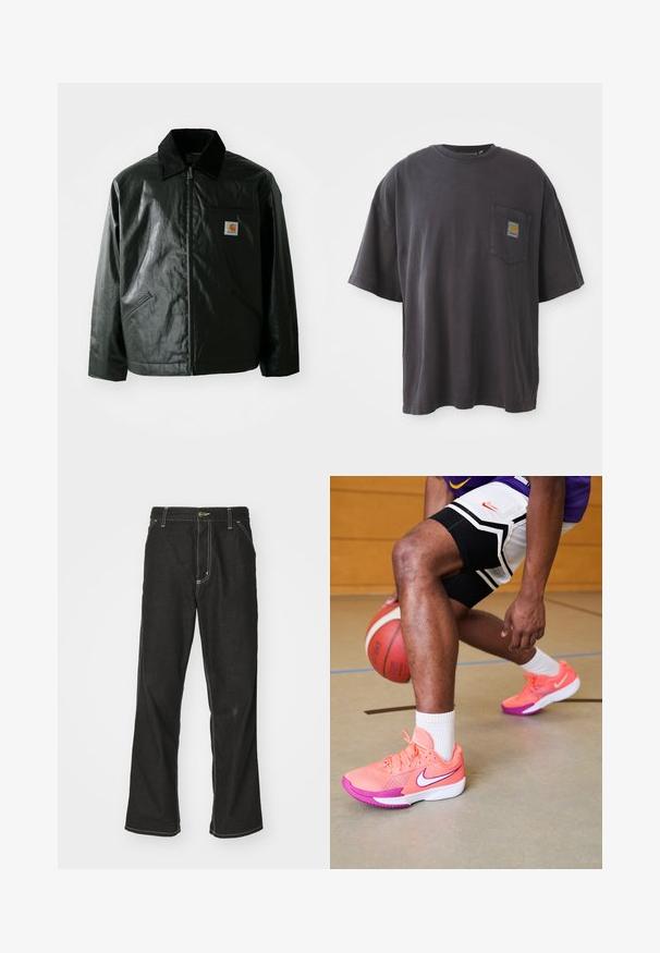 Fekete zipzáros dzseki sima, fényes anyagból. Kordbársony gallérral, két elülső zsebbel és egy kis logós felvarrással a mellkason.; Fekete pamut póló rövid ujjakkal, kerek nyakkivágással, és bal oldalon egy zsebével, amelyen négyzet alakú logó címke található. Egyszerű és díszítés nélküli dizájn.; Fekete farmernadrág laza szabással, kontrasztos fehér varrással, gombos záródással és egyenes lábmegoldással.; Nike kosárlabdácipők élénk rózsaszín és lila színben, hálós részletezéssel, fehér logóval és texturált talppal, egy keményfapadlós pályán.