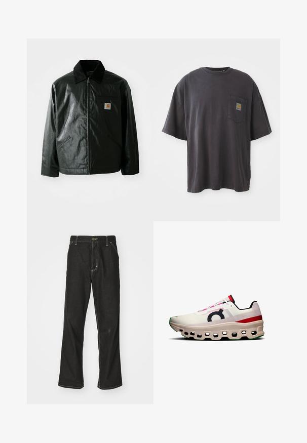 Melnā zip-up jaka, izgatavota no gludas, spīdīgas materiāla. Ir korduroja apkakle, divas priekšējās kabatas un neliela logo placdarma uz krūtīm.; Melna kokvilnas t-krekls ar īsām piedurknēm, apaļu kakla izgriezumu un kreisajā krūšu daļā esošu kabatu ar kvadrātveida logo uzlīmi. Vienkāršs un bez rotājumiem dizains.; Melni džinsi ar brīvu piegriezumu, ar kontrastējošu baltu diegu, pogu aizdari un taisnu kāju dizainu.; Skriešanas apavi ar baltu acu audumu un rozā akcentiem, liels melns logo, un masīva krēma krāsas zole ar sešstūra izgriezumiem un zaļu detaļu.