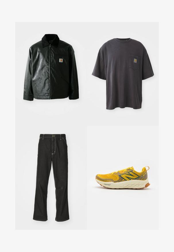 Schwarze Zip-Jacke aus glattem, glänzendem Material. Verfügt über einen Cordkragen, zwei Fronttaschen und ein kleines Logo-Patch auf der Brust.; Schwarzes Baumwoll-T-Shirt mit kurzen Ärmeln, rundem Halsausschnitt und einer linken Brusttasche mit einem quadratischen Logo-Patch. Schlichtes und unauffälliges Design.; Schwarze Denim-Jeans mit lockerer Passform, kontrastierenden weißen Nähten, einem Knopfverschluss und geradem Bein.; Gelbe Laufschuhe mit grauen Akzenten, atmungsaktives Mesh-Obermaterial, strukturierte Gestaltung, gepolstertes Mittelfußteil und Gummisohle. "Fresh Foam"-Label sichtbar.