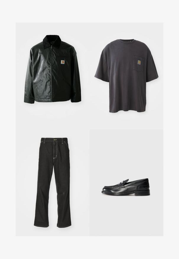 Czarna kurtka zapinana na zamek, wykonana z gładkiego, błyszczącego materiału. Posiada kołnierz z kordurowej tkaniny, dwie przednie kieszenie oraz małą naszywkę z logo na klatce piersiowej.; Czarna bawełniana koszulka z krótkim rękawem, okrągłym dekoltem i kieszenią na lewej piersi z kwadratową łatką logo. Prosty i nieozdobiony design.; Czarne dżinsy o luźnym kroju, z kontrastującymi białymi szwami, z zapięciem na guzik i prostą nogawką.; Czarne skórzane mokasyny z przeszyciem wzdłuż cholewki i ozdobnym paskiem. Posiadają niską, warstwową podeszwę oraz gładkie wykończenie.