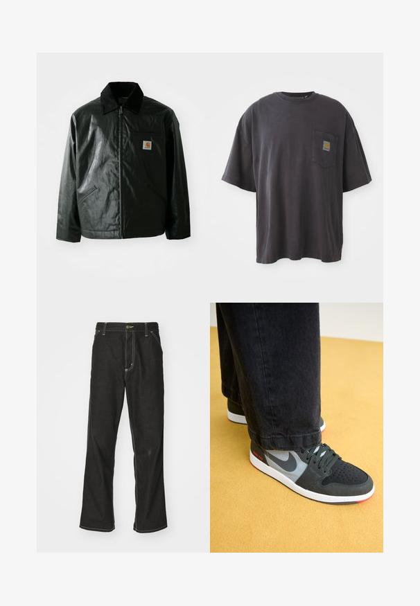 Black zip-up jacket made of smooth, shiny material. Features a corduroy collar, two front pockets, and a small logo patch on the chest.; Black cotton t-shirt with short sleeves, a round neckline, and a left chest pocket featuring a square logo patch. Simple and unembellished design.; Black denim jeans with a loose fit, featuring contrasting white stitching, a button closure, and a straight leg design.; Dark green Nike sneakers with grey accents, featuring a textured upper, GORE-TEX branding, white sole, and red detail on the heel.