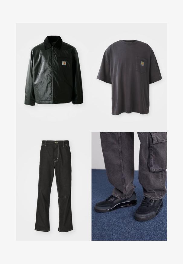 Crna zip-up jakna izrađena od glatkog, sjajnog materijala. Ima okovratnik od kordura, dva prednja džepa i mali logotip na prsima.; Crna pamučna majica s kratkim rukavima, okruglim izrezom i džepom na lijevoj strani grudnog koša s kvadratnom oznakom. Jednostavan i neukrašen dizajn.; Crne traperice s opuštenim krojem, s kontrastnim bijelim šavovima, zakovicom za zatvaranje i ravnim nogavicama.; Crne atletske cipele s teksturiranom površinom, glatkim detaljima i debelim potplatom, u paru s tamnim, širokim cargo hlačama.