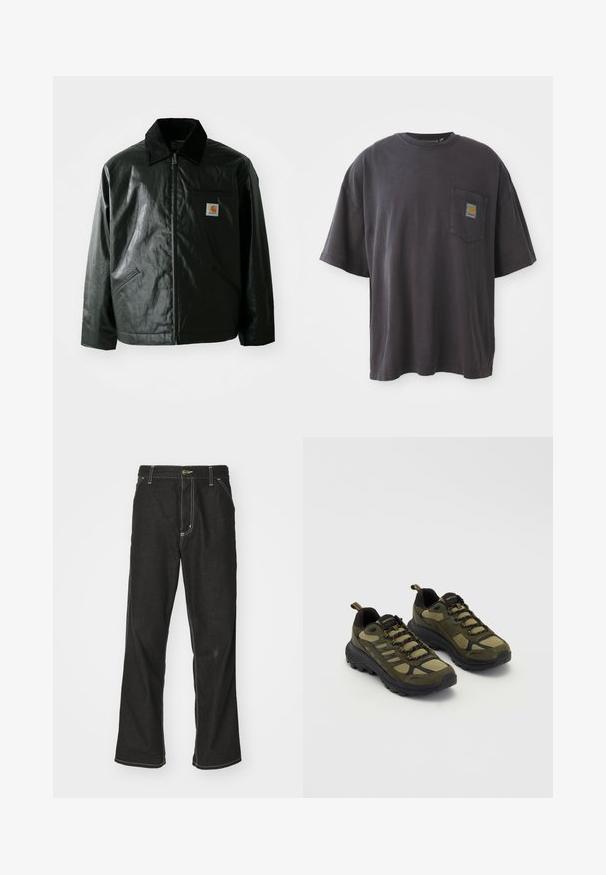 Mustat vetoketjulliset takit, jotka on valmistettu sileästä, kiiltävästä materiaalista. Sisältää kangastakin kauluksen, kaksi etutaskua ja pienen logopatchin rinnassa.; Mustat puuvillapaidat, joissa on lyhyet hihat, pyöreä kaula-aukko ja vasemmassa rinnassa tasku, jossa on neliölogo. Yksinkertainen ja koristelematon muotoilu.; Mustat farkut, joissa on löysä istuvuus, erottuva valkoinen ompelu, nappikiinnitys ja suora lahje.; Vihreät ja mustat urheilukengät, joissa on teksturoitu päällinen, verkkopaneelit, tukeva pohja ja nauhakiinnitys, jossa on vahvistettu kärki ja kantapää.