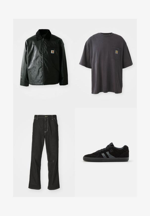 Veste noire zippée en matériau lisse et brillant. Elle dispose d'un col en velours côtelé, de deux poches avant et d'un petit écusson logo sur la poitrine.; T-shirt en coton noir à manches courtes, col rond et poche sur la poitrine gauche avec un patch logo carré. Design simple et sans ornement.; Jean en denim noir avec une coupe ample, comportant des coutures blanches contrastantes, une fermeture à bouton et un design à jambes droites.; Baskets de skateboard en daim noir avec semelles en caoutchouc foncé, dotées de bandes latérales grises et de lacets assortis, conçues pour le confort et la durabilité.