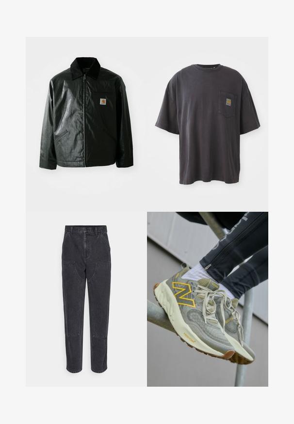 Melnā zip-up jaka, izgatavota no gludas, spīdīgas materiāla. Ir korduroja apkakle, divas priekšējās kabatas un neliela logo placdarma uz krūtīm.; Melna kokvilnas t-krekls ar īsām piedurknēm, apaļu kakla izgriezumu un kreisajā krūšu daļā esošu kabatu ar kvadrātveida logo uzlīmi. Vienkāršs un bez rotājumiem dizains.; Melnas džinsu bikses ar augsto jostasvietu, taisna griezuma un lielām frontālām kabatām. Iezīmē kontrastējošas šuves un nav redzamu logo.; Gai pelēki New Balance sporta apavi ar dzelteno "N" logotipu, teksturētu sietu augšdaļu, šņorēšanas sistēmu un mīkstinātu off-white zoli. Brūns zoles detaļa.