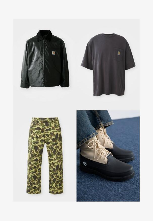 Casaco preto com fecho éclair, feito de material liso e brilhante. Apresenta um colarinho de veludo, dois bolsos frontais e um pequeno emblema no peito.; T-shirt de algodão preto com mangas curtas, decote redondo e bolso no peito esquerdo com um emblema quadrado. Design simples e sem adornos.; Calças de camuflagem com um esquema de cores verde e castanho, feitas de algodão, com um design de perna reta e bolsos frontais.; Botas impermeáveis em bege e preto, com material texturizado, ilhós hexagonais e atacadores em bege. Sola de borracha com padrão de solado proeminente.