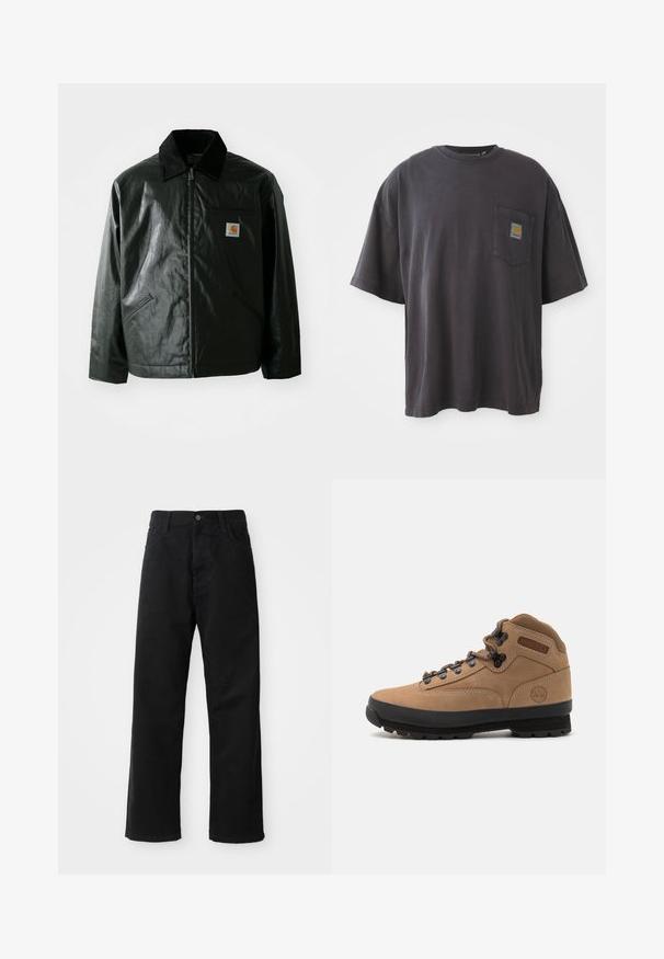Must mustaga, läikiva materjaliga musta värvi jakk. Omab kordonilõikega kraed, kahte esikäe taskut ja väikest logo sildi rinnal.; Mustad must t-särk lühikeste varrukatega, ümar kaelus ja vasakul rinnal tasku ruudukujulise logoplaadi näitega. Lihtne ja ilma embellishmentsita disain.; Mustadest denimist püksid sirge lõikega, mis sisaldavad ees taskuid, lukufliisi ja ühte ülemist nööpi. Tekstureeritud kangas mati viimistlusega.; Pruun suede matkasaabas musta kummist tallaga, paeltega disain ja polsterdatud krae. Timberlandi logo küljel.