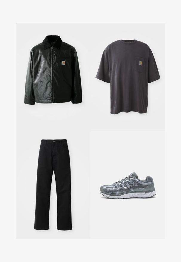 Juodas užtrauktuku užsegamas švarkas, pagamintas iš glotnaus, blizgaus medžiagos. Savybė - keteros apykaklė, dvi priekinės kišenės ir mažas logotipo ženklelis ant krūtinės.; Juodos spalvos medvilnės marškinėliai su trumpomis rankovėmis, apvaliu iškirpimu ir kairėje krūtinės pusėje esančia kišenėle su kvadratine logotipo etikete. Paprastas ir nepuoštas dizainas.; Juodo džinsinio audinio keliaraiščiai su tiesia iškarpa, turintys priekinės kišenes, užtrauktuką ir vieną viršutinį mygtuką. Audinys tekstūruotas, su matinio paviršiaus apdaila.; Pilkos sportinės bateliai su tinkline ir sintetine viršutine dalimi, sustiprinta pirštų dalimi ir storu baltu padu. Yra kryžminė raištelių sistema ir logotipo akcentai.