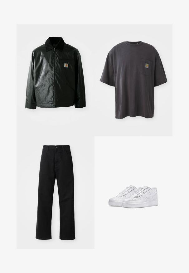 Mustat vetoketjulliset takit, jotka on valmistettu sileästä, kiiltävästä materiaalista. Sisältää kangastakin kauluksen, kaksi etutaskua ja pienen logopatchin rinnassa.; Mustat puuvillapaidat, joissa on lyhyet hihat, pyöreä kaula-aukko ja vasemmassa rinnassa tasku, jossa on neliölogo. Yksinkertainen ja koristelematon muotoilu.; Musta farkkushortsit suoran leikkauksen kanssa, joissa on etutaskut, vetoketjuläppä ja yksi yläpainike. Rakenteellinen kangas matta pinnalla.; Valkoiset nahkakengät, joissa on rei'itetty varvasosa, litteät nauhat ja kohotettu kumipohja. Varustettu swoosh-logolla ja minimaalisen ompeleen yksityiskohdilla.